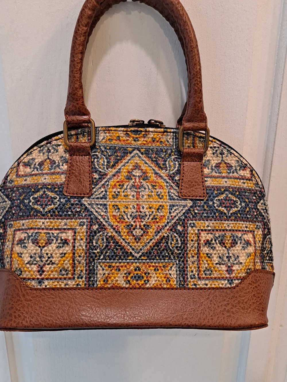 Mona B Brown Blue Multi-Pattern Dome Satchel Kilim Inspired Tapestry Vegan Boho